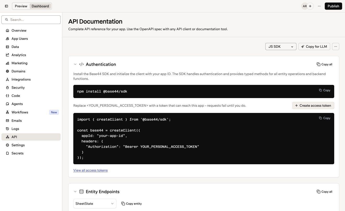 A screenshot of the API Documentation page with the JS SDK drop-down, Authentication and Entity Endpoints sections