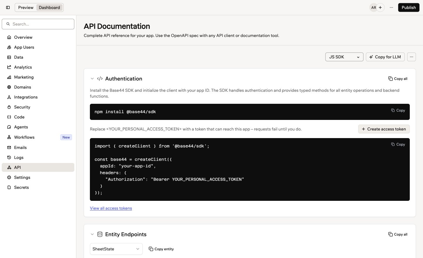 A screenshot of the API Documentation page with the JS SDK drop-down, Authentication and Entity Endpoints sections
