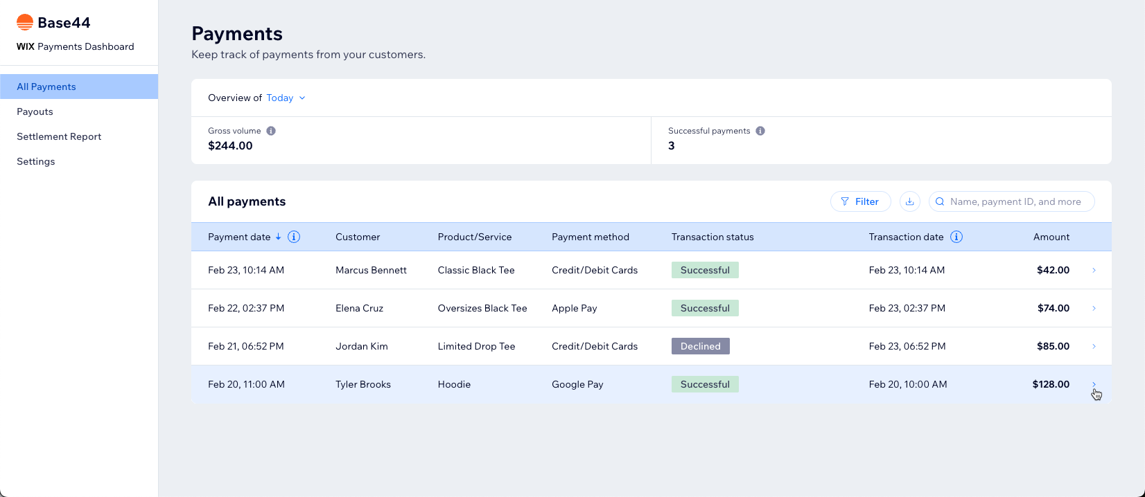 Payments dashboard showing recent transactions with amounts, payment methods, and status indicators.