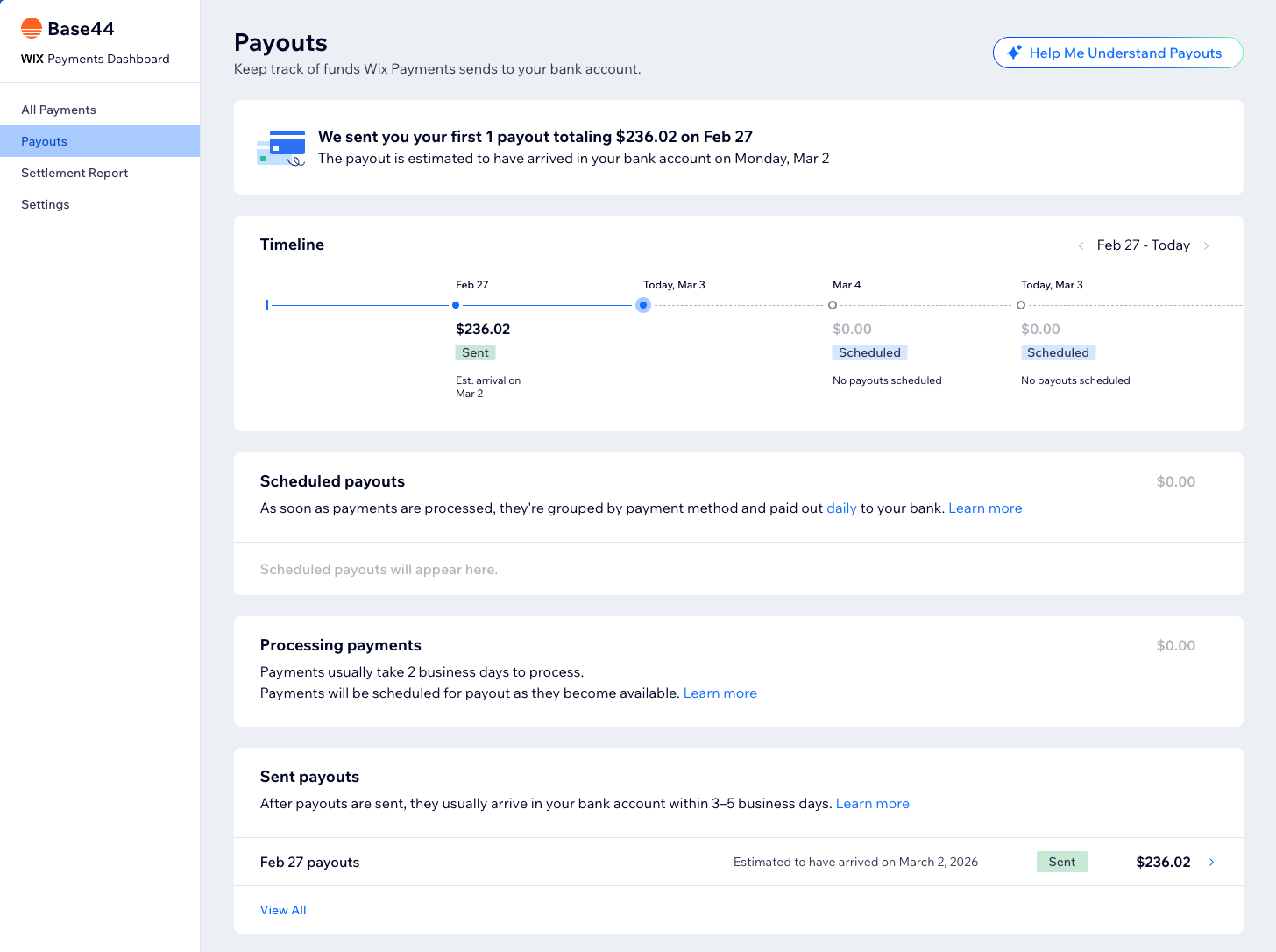 Viewing the payouts tab in the Payment dashboard, showing a sent payout with total amount, status, and estimated arrival date.