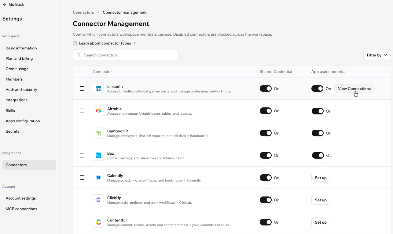 Connector Management page showing shared credential and app user credential columns