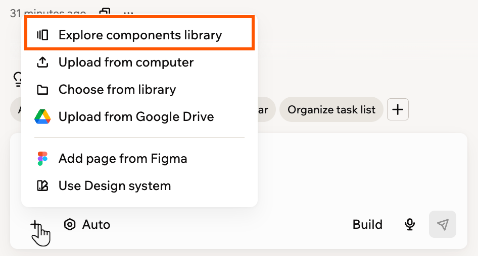 The AI chat plus menu with Explore components library highlighted