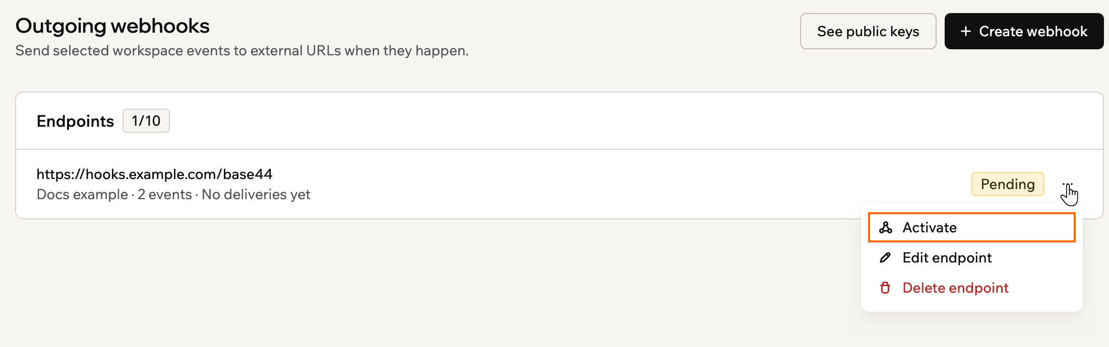 A pending outgoing webhook with its More actions menu open and Activate outlined