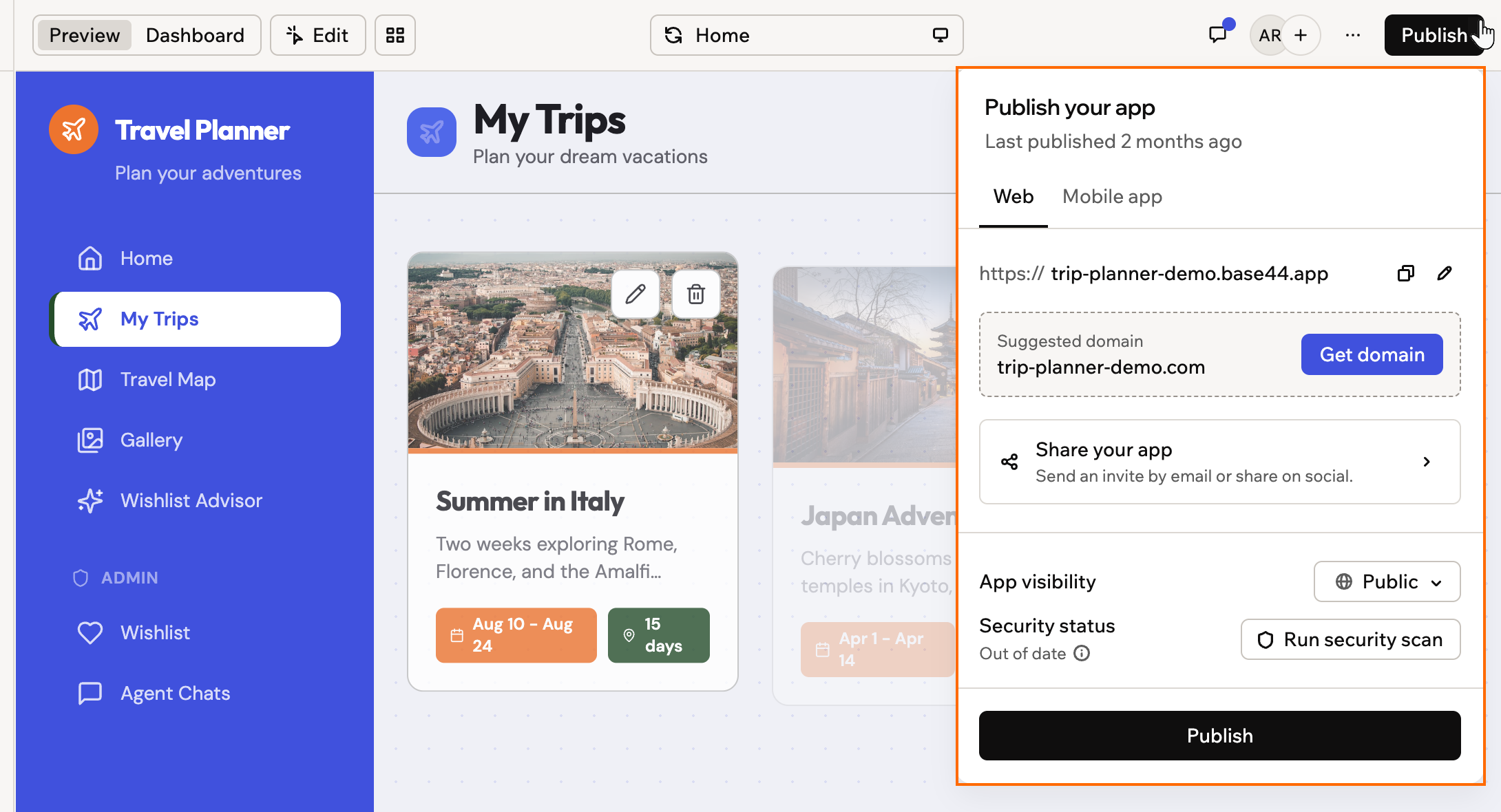 A screenshot of the Publish your app panel showing the app address, sharing, visibility and security status