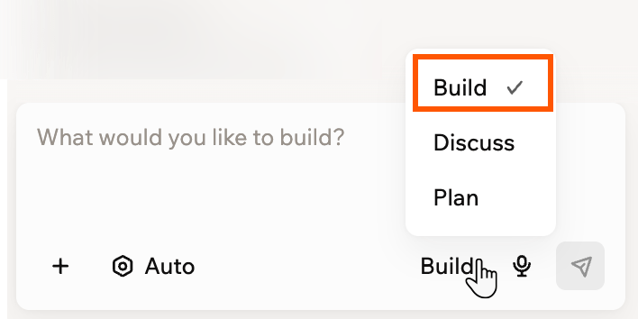 Selecting Build mode from the mode menu in the AI chat