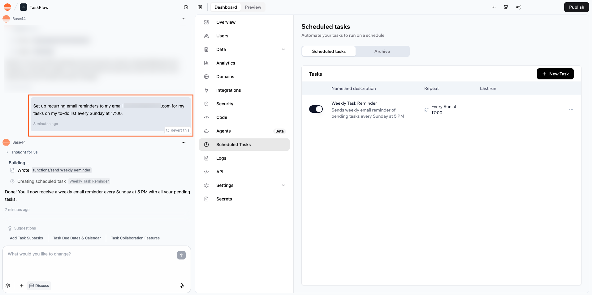 Setting up a scheduled task using the AI chat