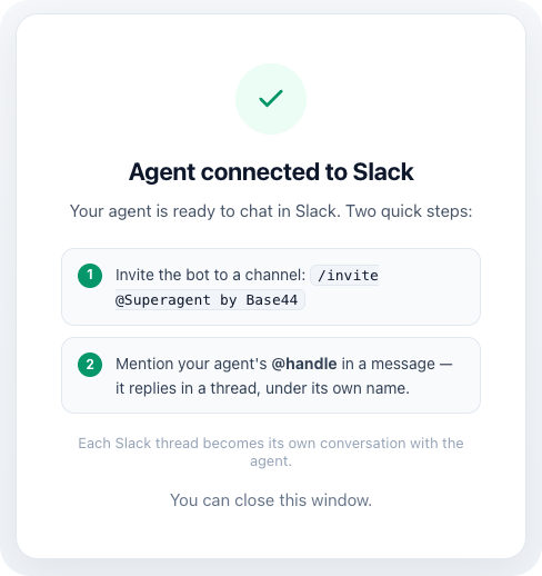 Slack connection confirmation showing the invite command and agent handle instructions