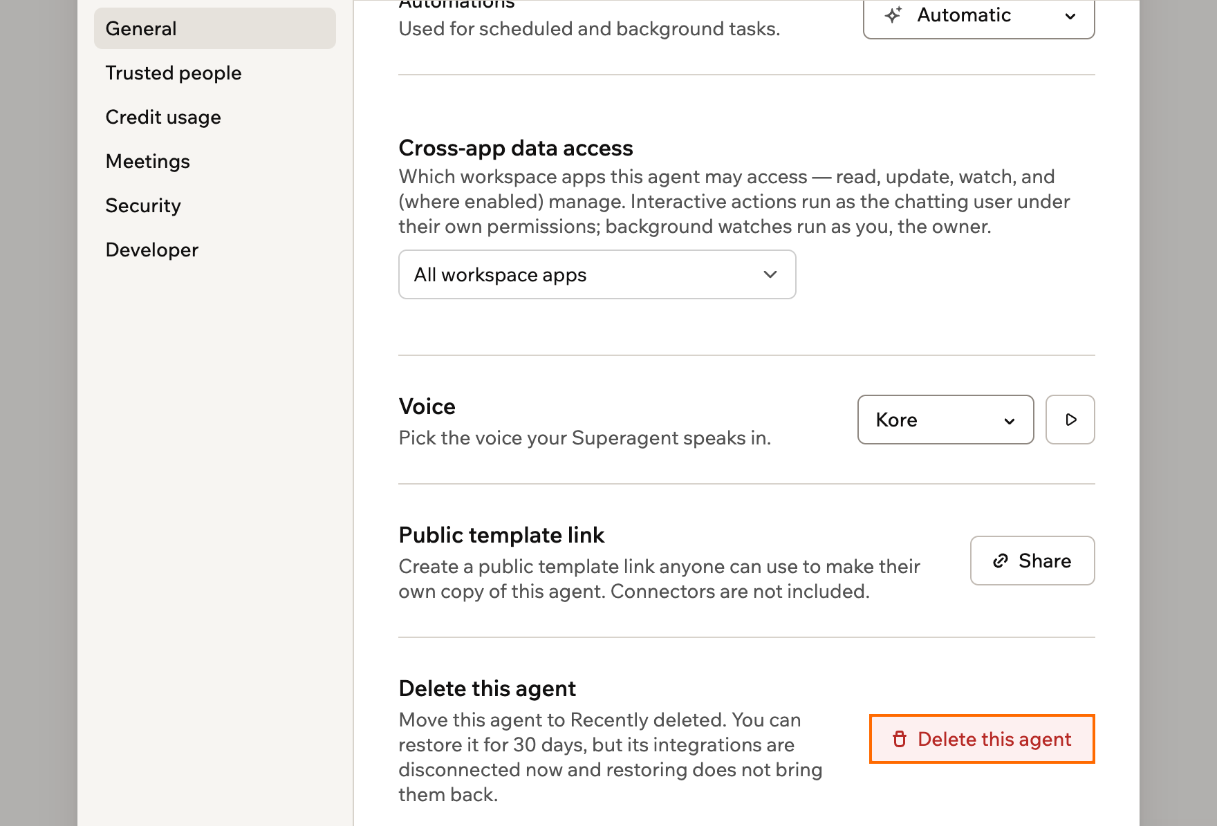 A screenshot of Agent Settings, General, with the Delete this agent button outlined at the bottom