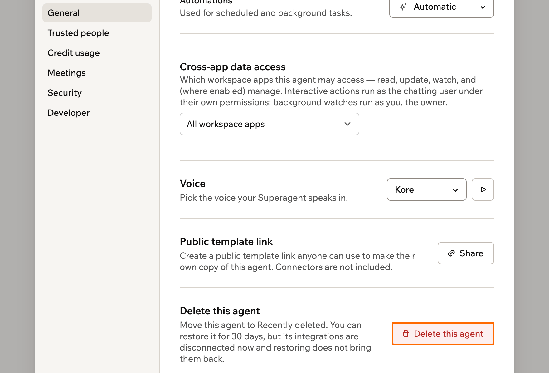 A screenshot of Agent Settings, General, with the Delete this agent button outlined at the bottom