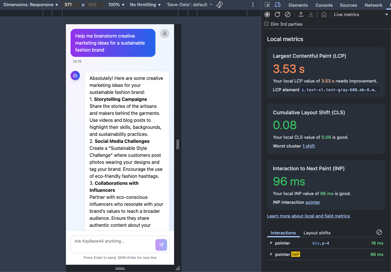 Example of Chrome DevTools showing performance metrics for LCP, CLS, and INP.