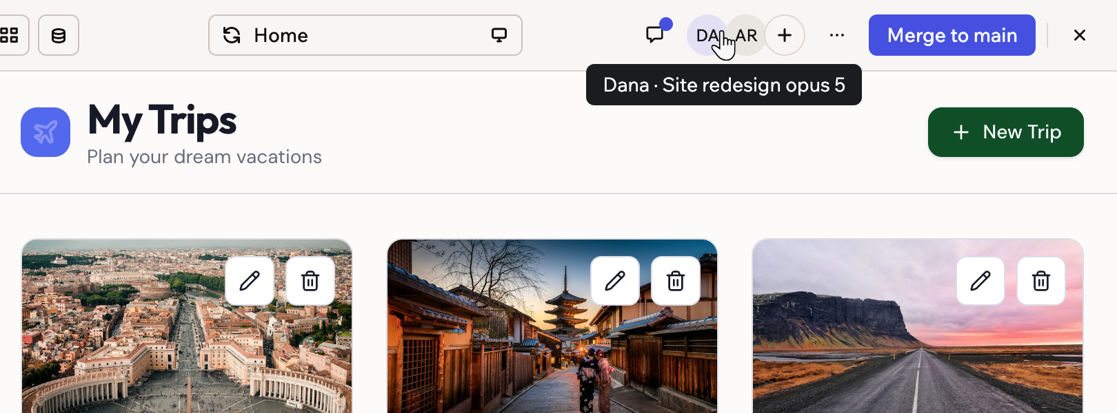 Ein Screenshot eines Avatars oben im App-Editor mit einem Tooltip, der Namen und Branch zeigt