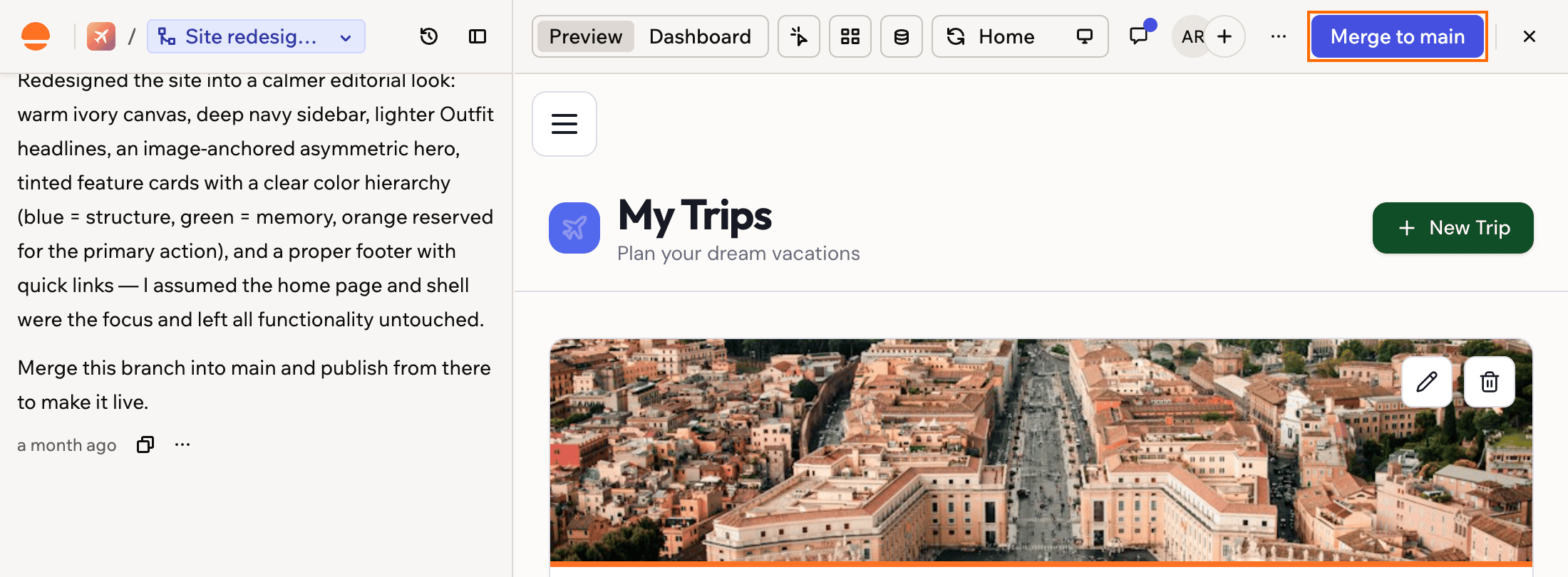 Ein Screenshot des App-Editors auf einem Branch, mit dem Branch-Namen oben und hervorgehobenem Merge to main