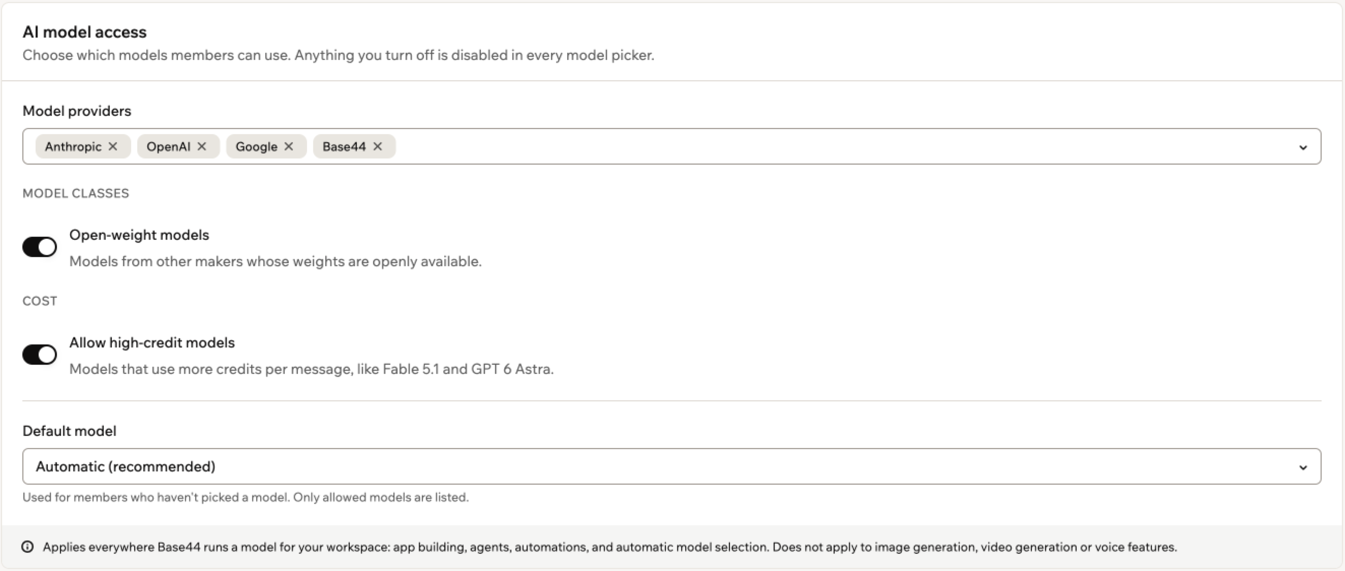 A screenshot of the AI model access card on the Governance page, with model providers, model classes, cost and default model