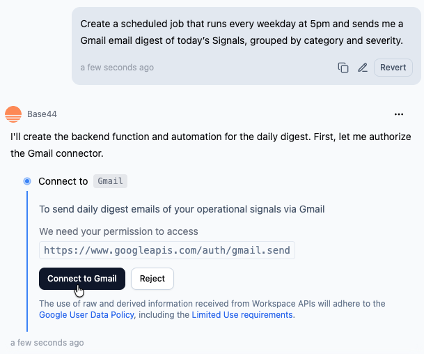 Gmail connector approval screen showing required permissions and Connect to Gmail button