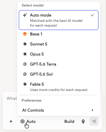 Choosing an AI model in the app editor