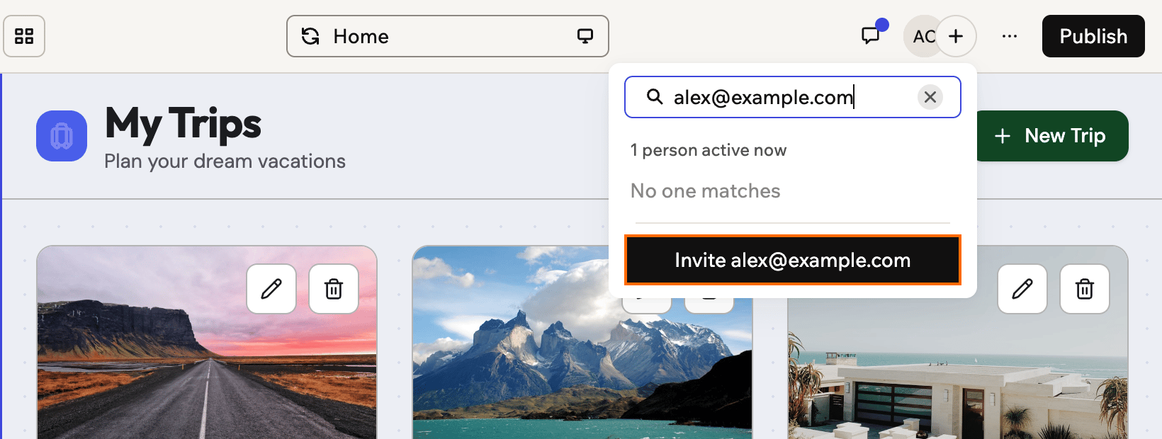 A screenshot of the Add collaborator menu in the app editor with the Invite alex@example.com button outlined