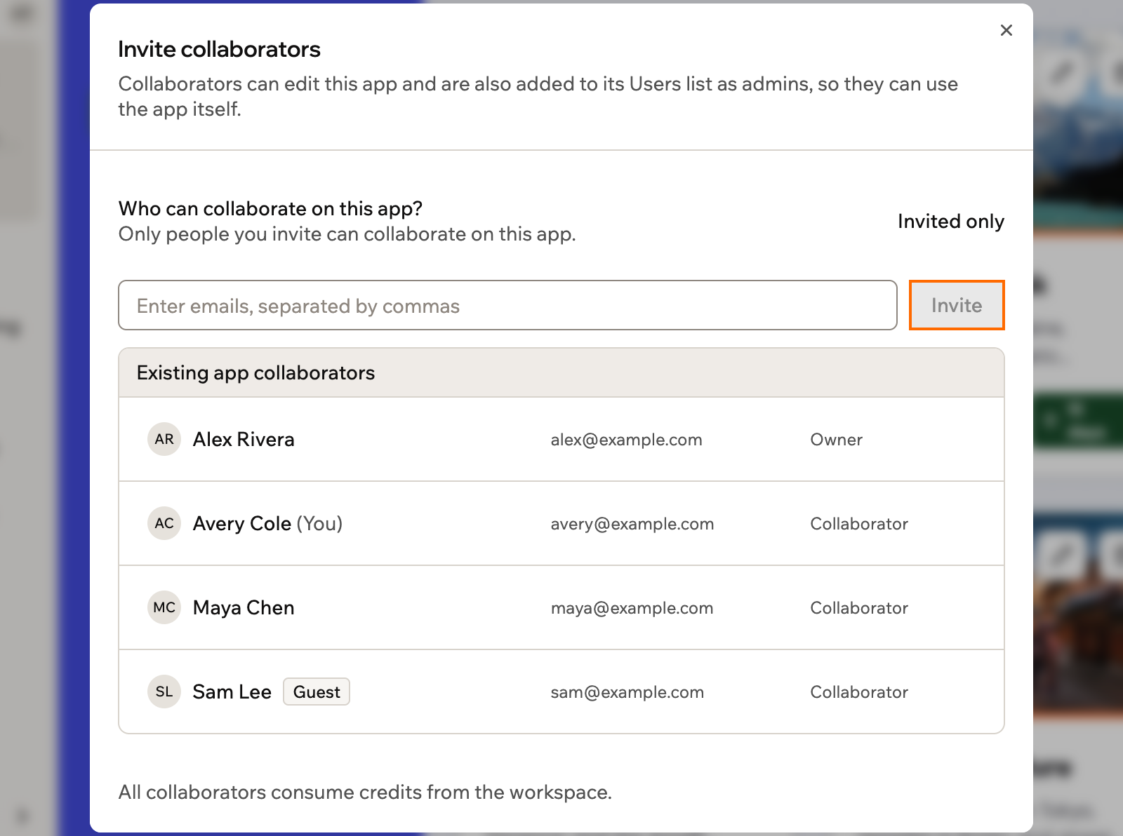 A screenshot of the Invite collaborators window with the email field, the Invite button outlined, and existing collaborators