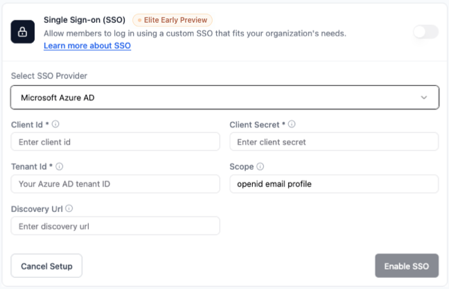 Base44 Single sign-on settings configured with Microsoft Azure AD as the SSO provider