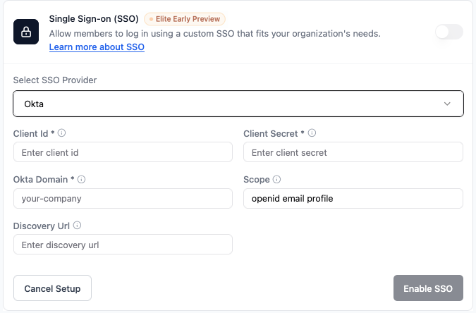 Base44 Single sign-on settings configured with Okta as the SSO provider