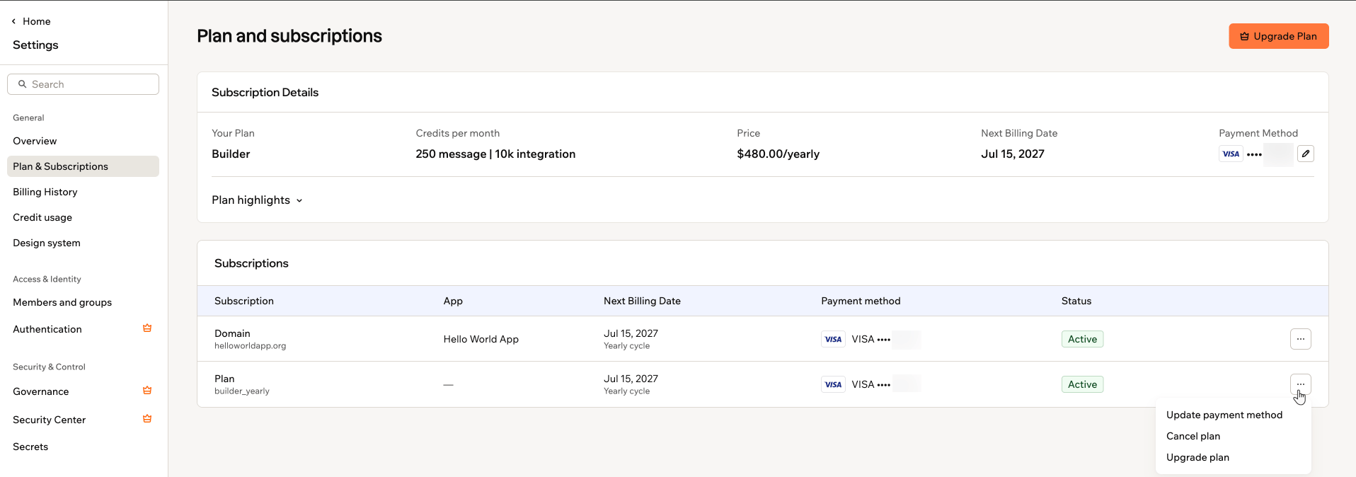 Plan and subscriptions page with the More actions menu open on the plan row, showing Cancel plan