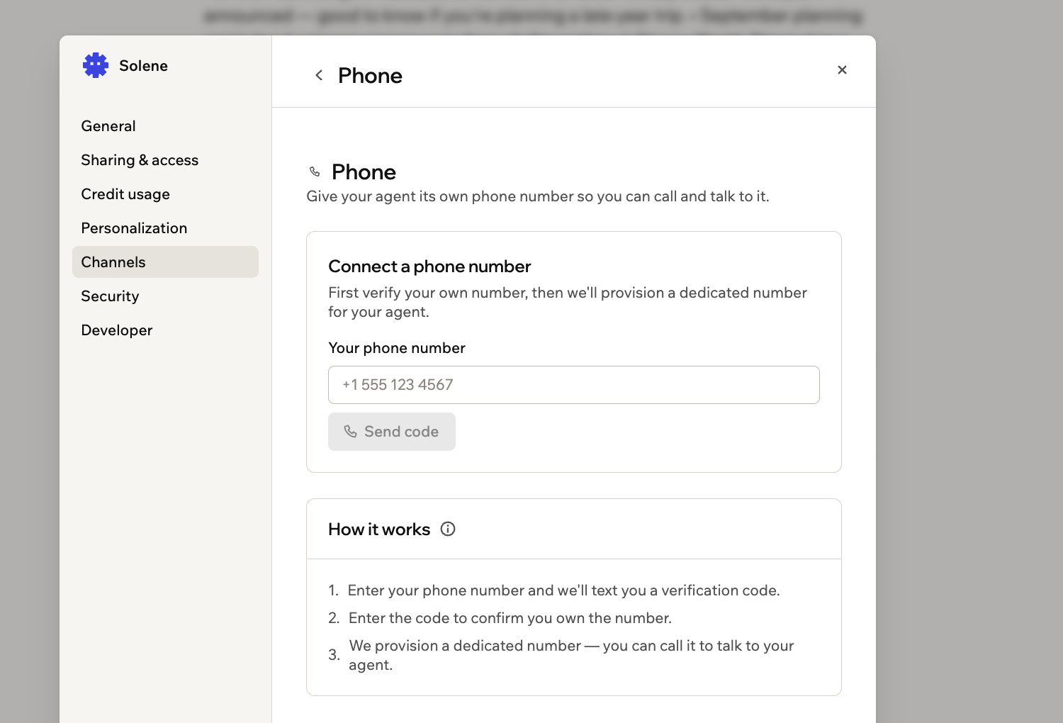 A screenshot of the Connect a phone number screen for a Superagent, with the phone number field and a How it works summary
