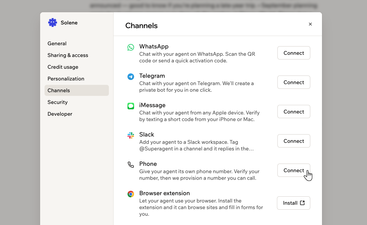 A screenshot of Channels settings showing WhatsApp, Telegram, iMessage, Slack, Phone and the browser extension