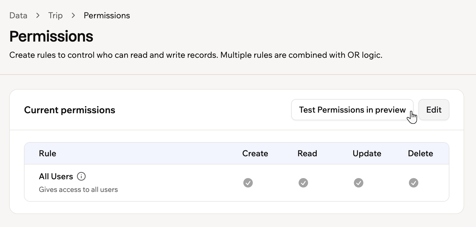 The Current permissions card on a table's Permissions page, with the cursor on Test Permissions in preview next to Edit