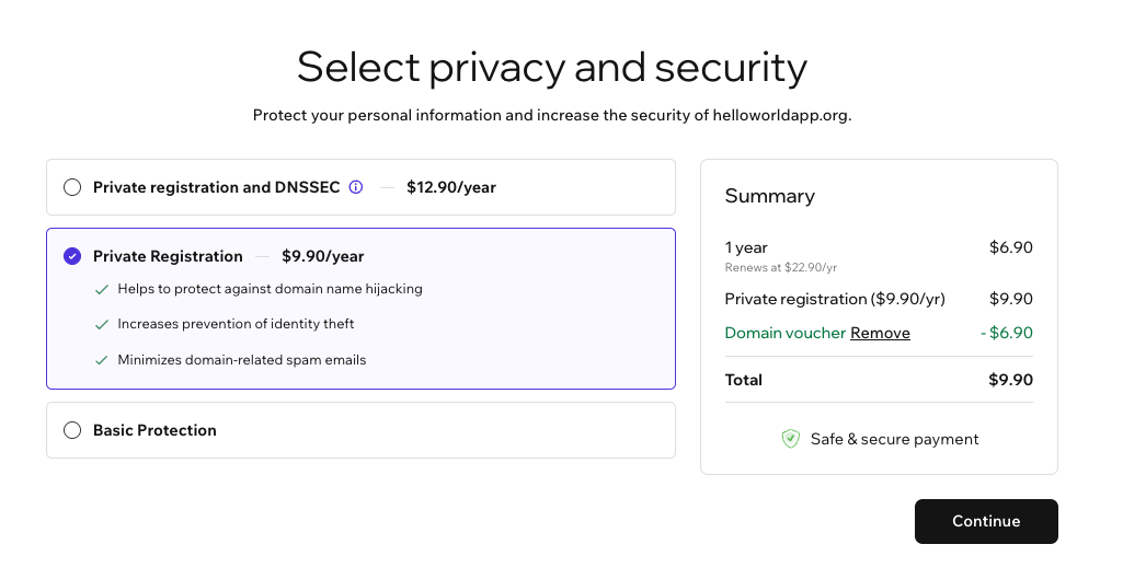 Choosing a privacy and security option