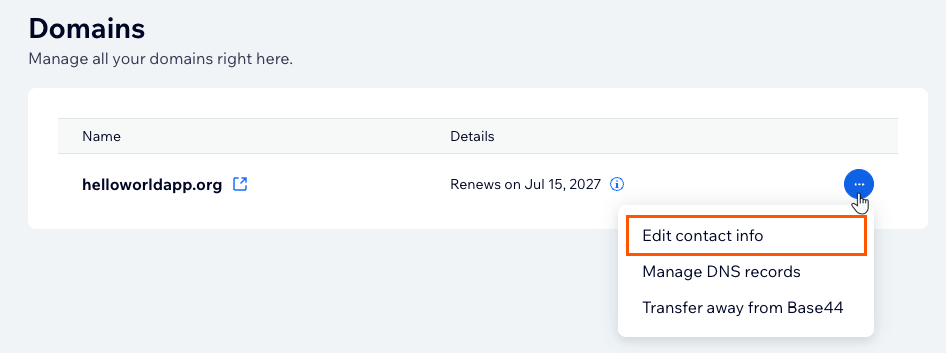 Opening Edit contact info from the domain's management dashboard
