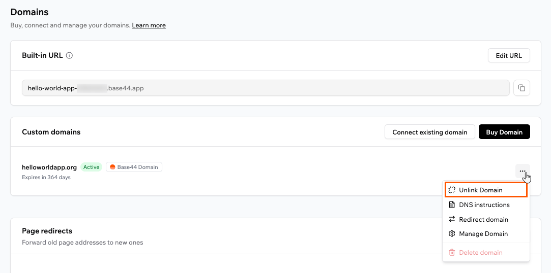 Unlinking a domain from the More Actions menu