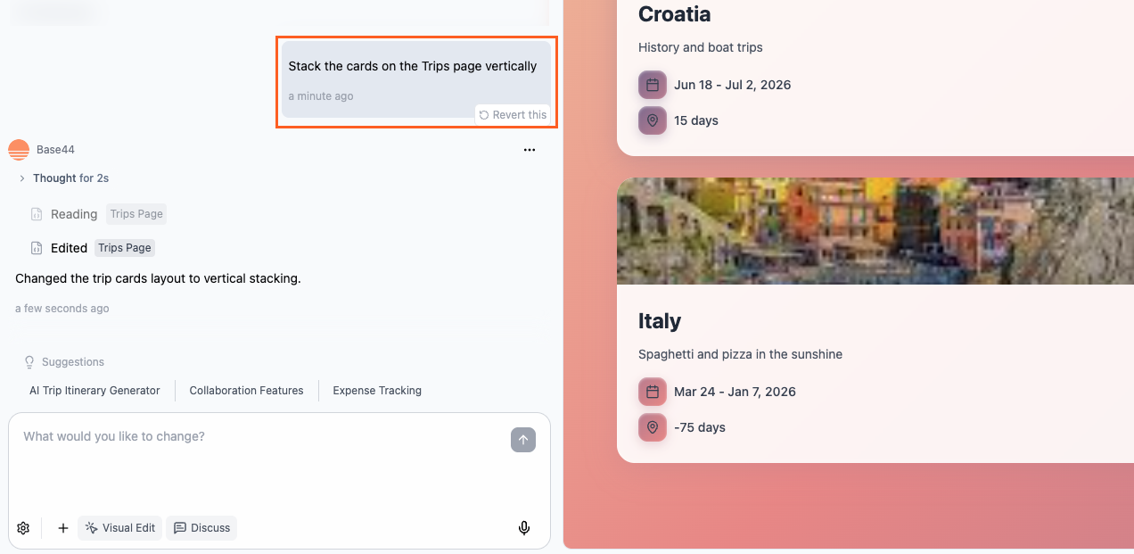 Using the AI chat to change the layout on a page