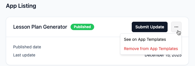 Managing your app template listing on Base44