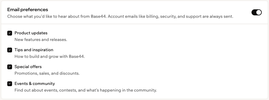 Email preferences with a toggle and checkboxes for Product updates, Tips and inspiration, Special offers, and Events & community