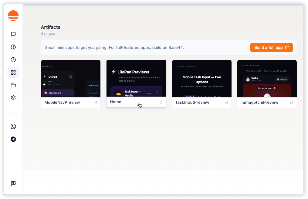 The Artifacts tab showing a gallery of mini apps generated by a Superagent