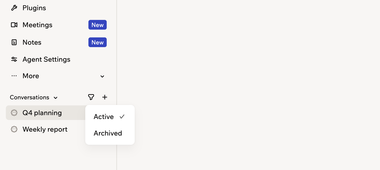 A screenshot of the Conversations list in the sidebar with the Active and Archived filter open