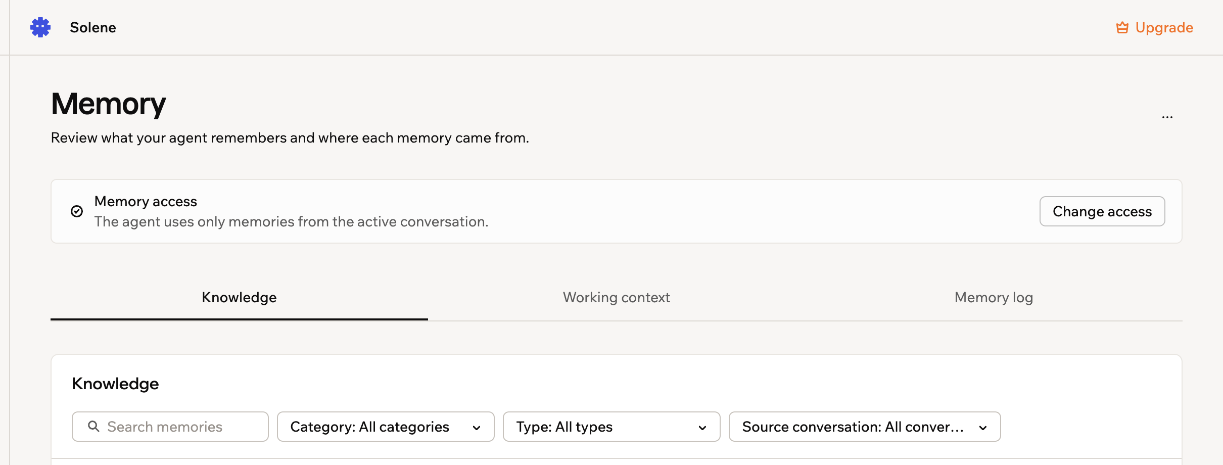 A screenshot of the Memory page showing memory access and the Knowledge, Working context and Memory log tabs