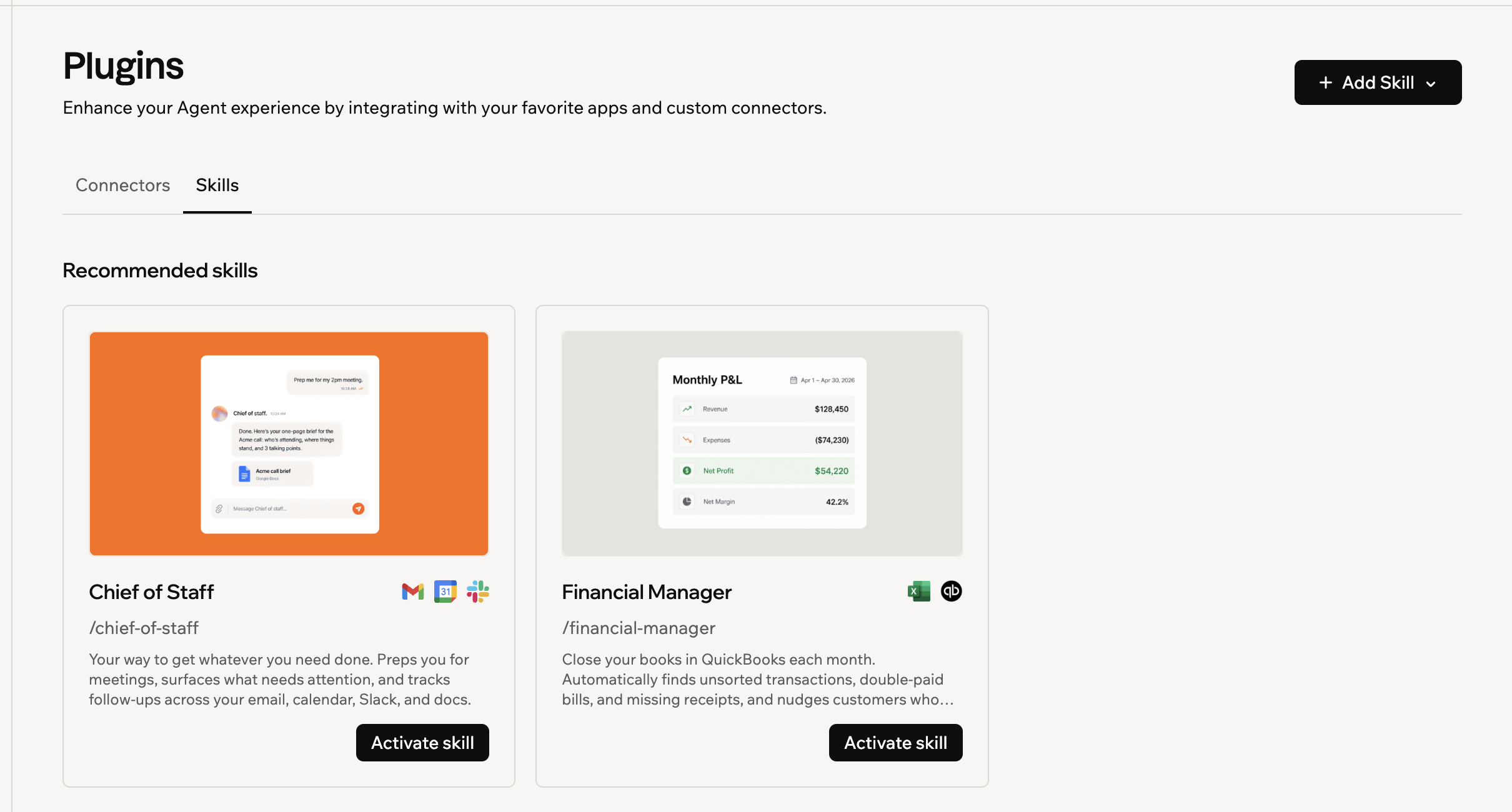 A screenshot of the Plugins page on the Skills tab showing recommended skills