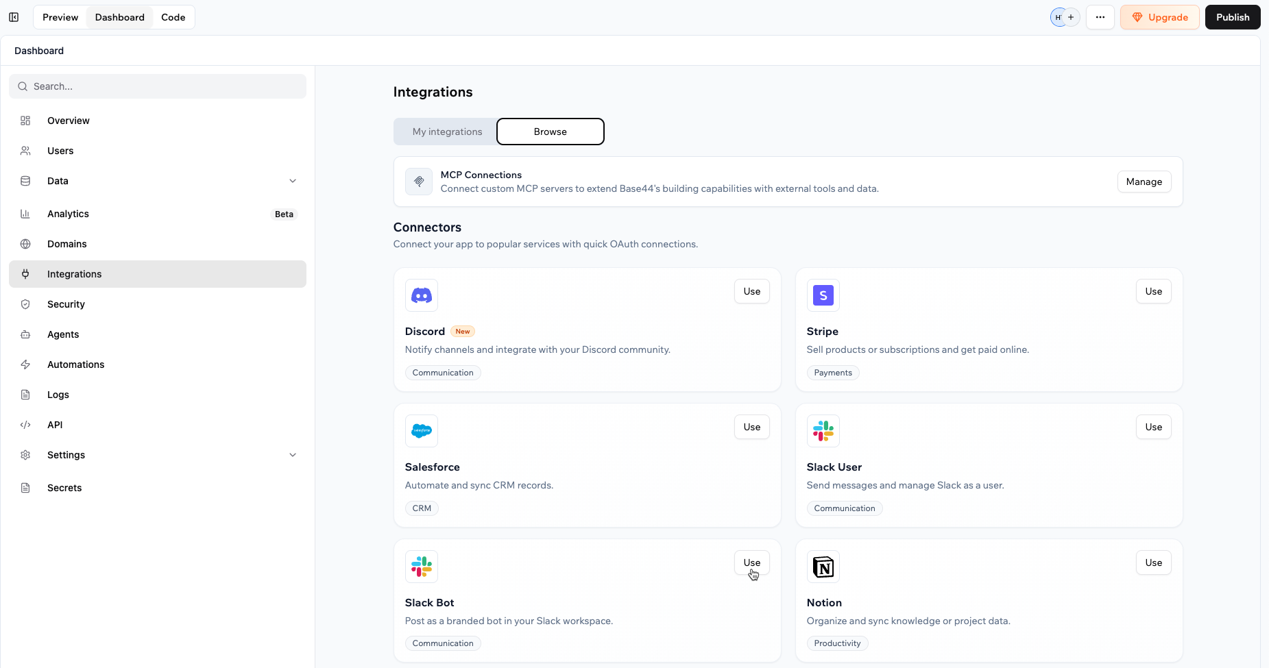 Connecting Slack from your app's dashboard