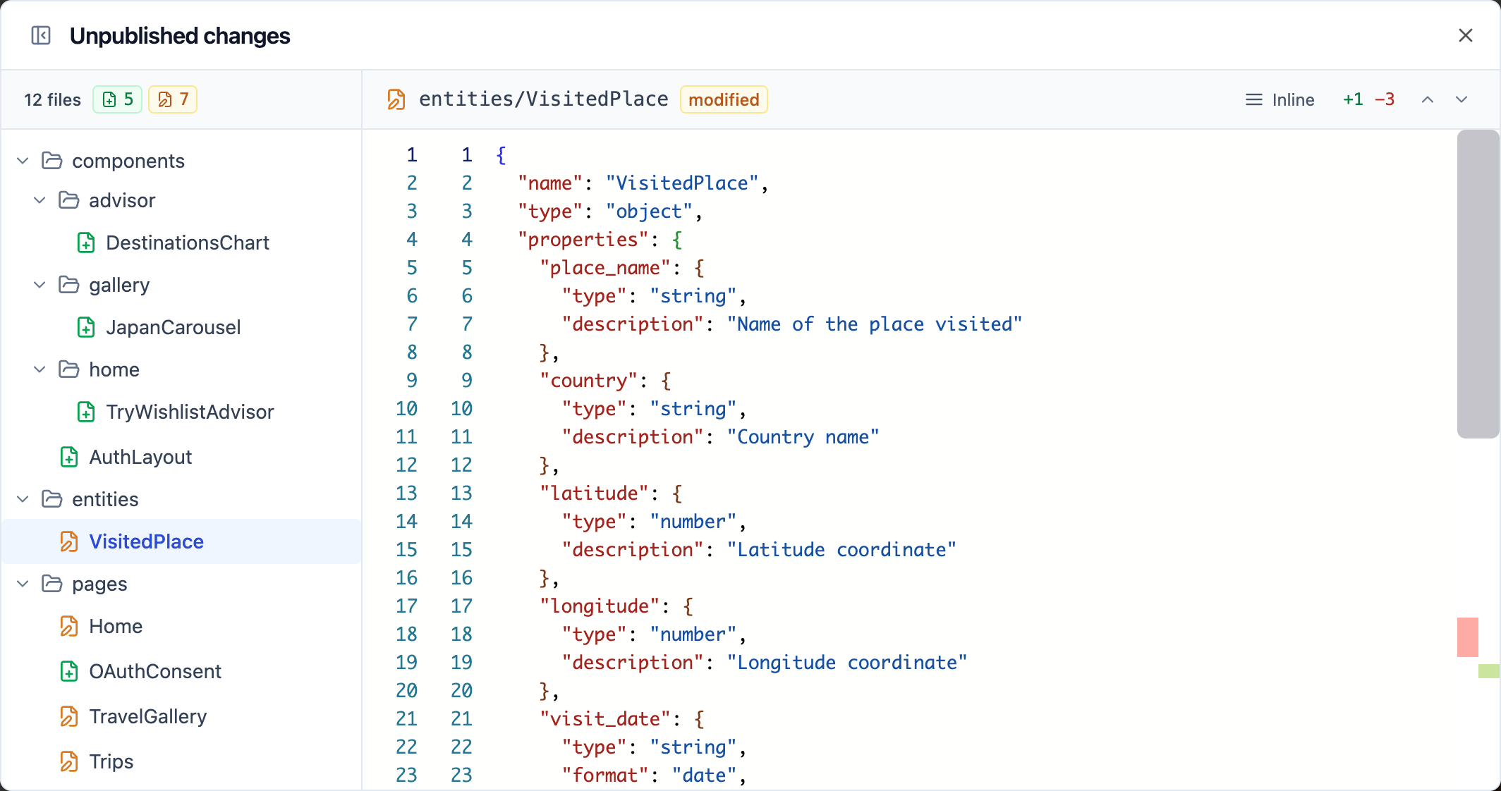 The Unpublished changes window listing the files that differ from the live app