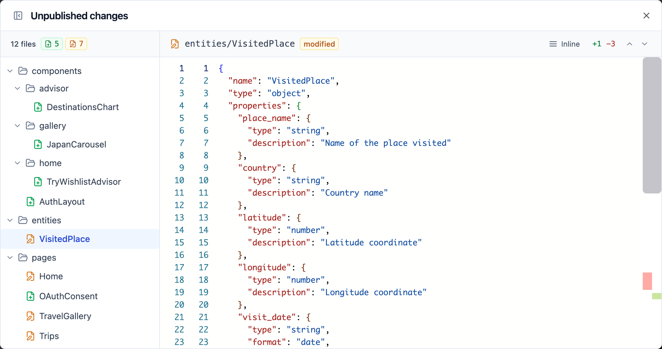 The Unpublished changes window listing the files that differ from the live app