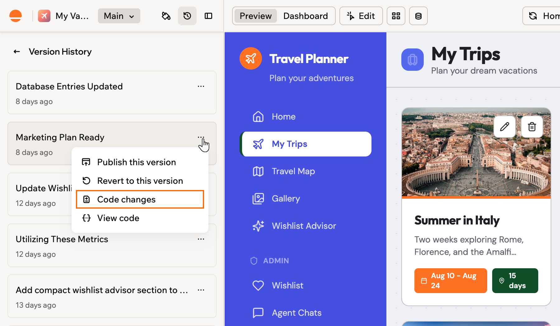 A version's More actions menu in Version History with Code changes outlined