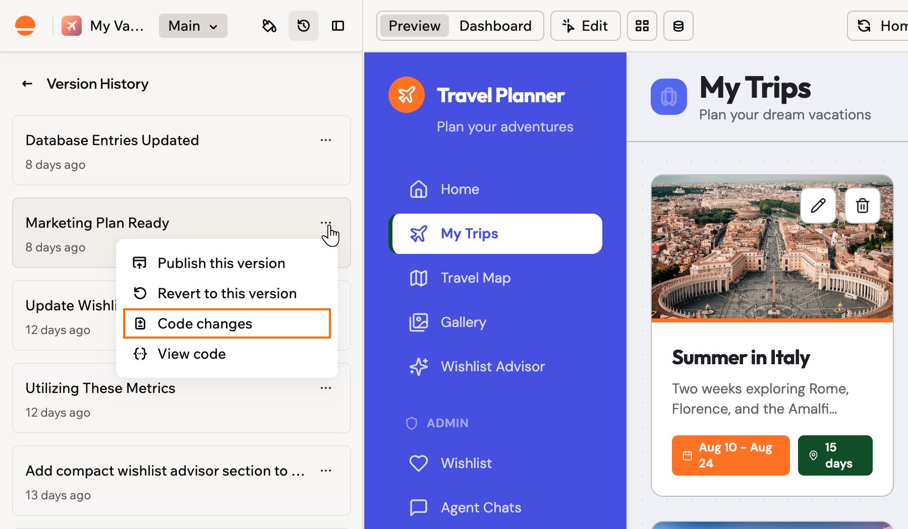 A version's More actions menu in Version History with Code changes outlined