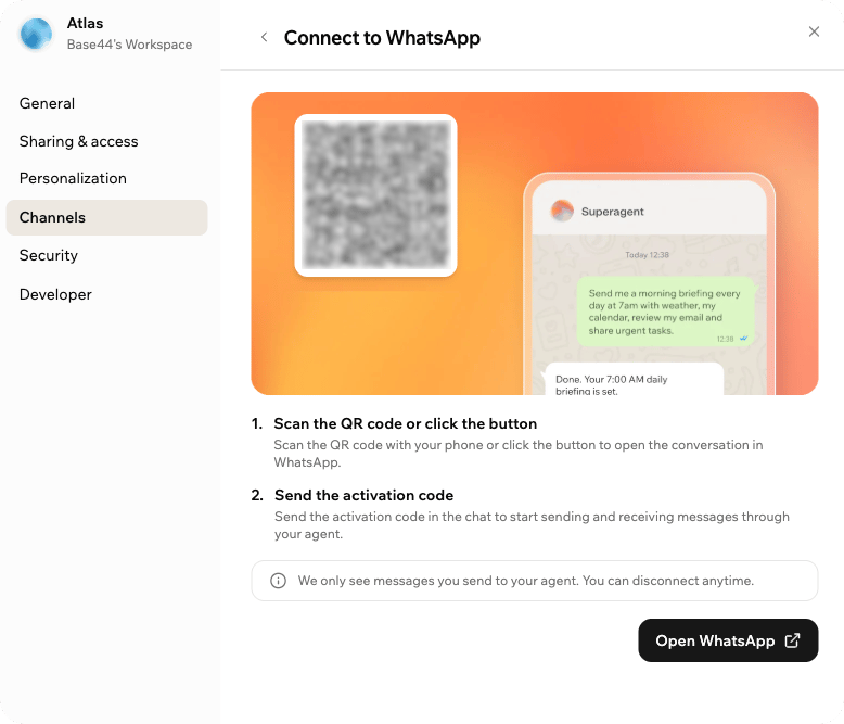 Guided connection screen showing the Connect to WhatsApp setup flow