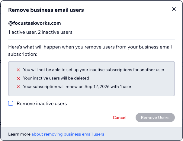 The Remove business email users dialog, listing the active and inactive user counts, what happens when you remove them, and the Remove inactive users checkbox