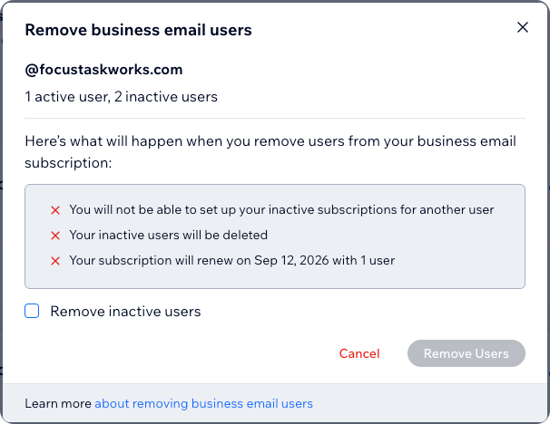 The Remove business email users dialog, listing the active and inactive user counts, what happens when you remove them, and the Remove inactive users checkbox