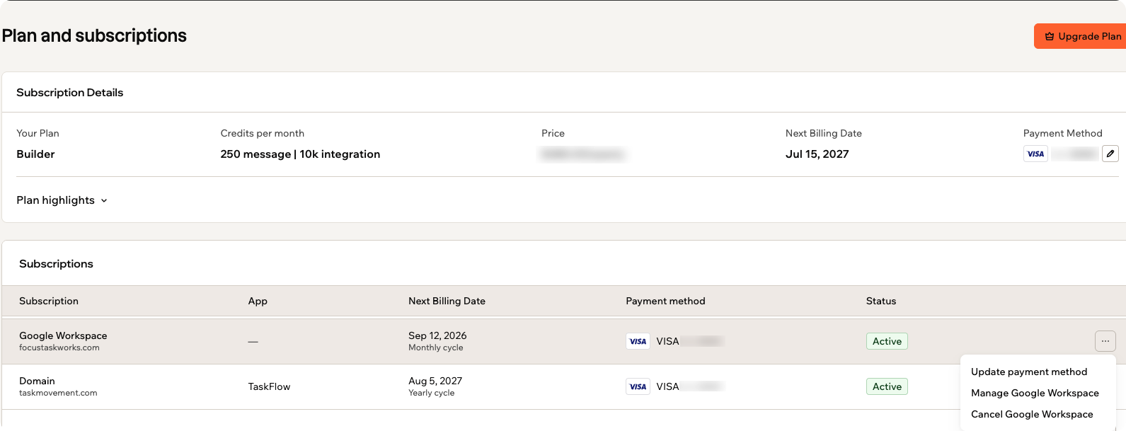 The Subscriptions table showing a Google Workspace row listed with its domain, its next billing date and cycle, an Active status, and the More Actions menu open showing Update payment method, Manage Google Workspace, and Cancel Google Workspace