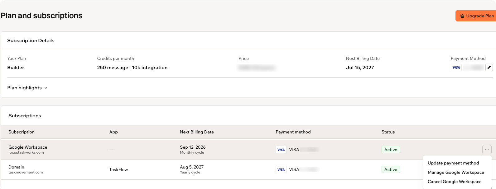 The Subscriptions table showing a Google Workspace row listed with its domain, its next billing date and cycle, an Active status, and the More Actions menu open showing Update payment method, Manage Google Workspace, and Cancel Google Workspace
