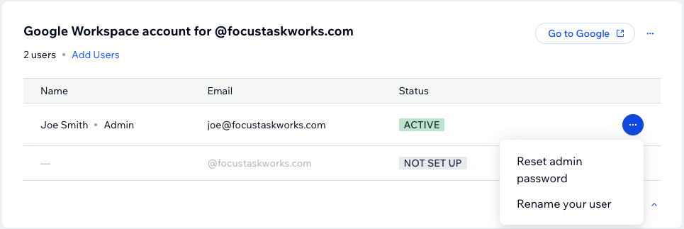 The user table on the Business Email page, with a user's More Actions menu open showing Reset admin password and Rename your user