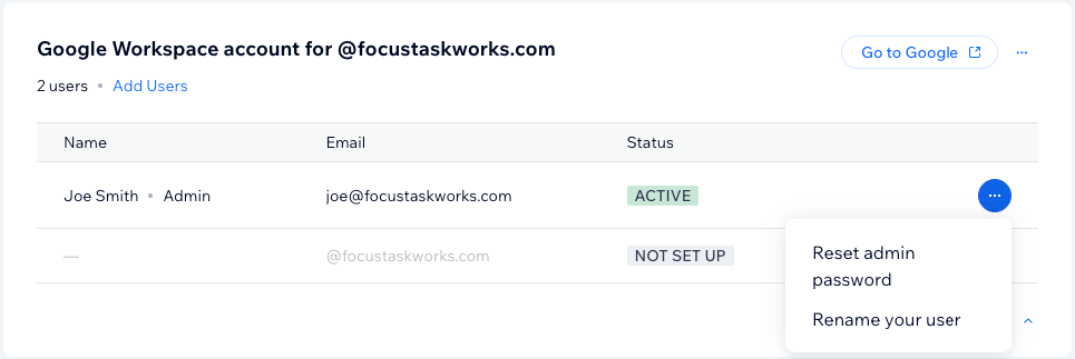 The user table on the Business Email page, with a user's More Actions menu open showing Reset admin password and Rename your user