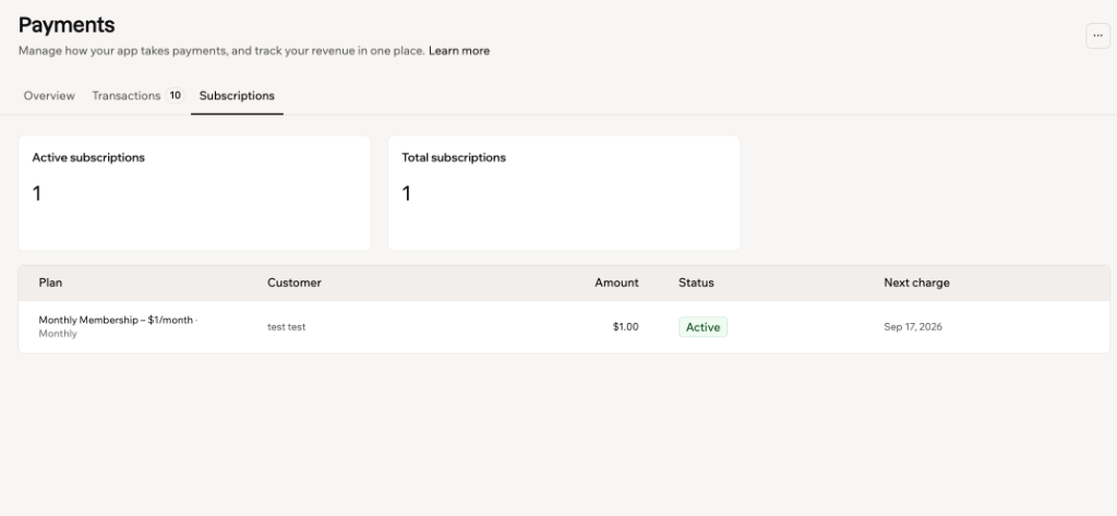 A Subscriptions tab showing a monthly plan with its customer, amount, status, and next charge date.